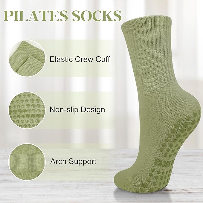 Justay 6 Pairs Pilates Socks with Grips for Women Soft Non Slip Crew Cotton Athletic Workout Barre Hospital Yoga Socks