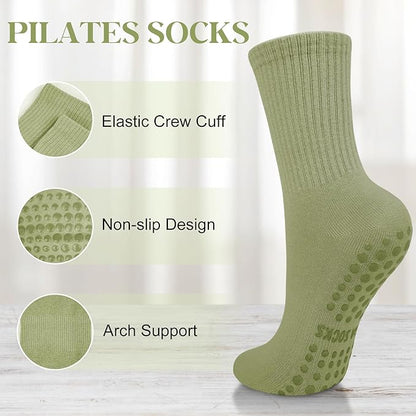 Justay 6 Pairs Pilates Socks with Grips for Women Soft Non Slip Crew Cotton Athletic Workout Barre Hospital Yoga Socks