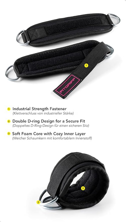 Fitgriff® Ankle Straps V3 for Cable Machine (2 Pieces) - Gym Workout Equipment - Leg Pulley Attachment, Kickback Straps