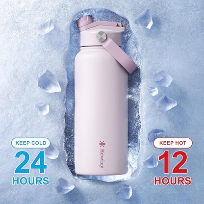 32 oz Insulated Water Bottle, 2-in-1 Lid, Straw & Spout with Protected, Leak Proof, Keep Cold, Stainless Steel, Metal, Reusable, Handle, for Outdoor, Gym and School, 2 Lids, Pale Mauve
