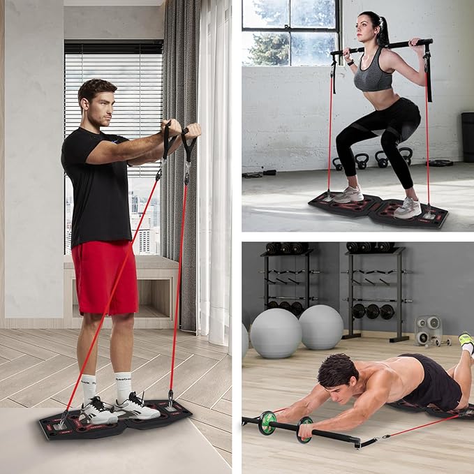 Push Up Board with Resistance Bands & Ab Roller – Portable Home Gym Equipment for Upper Body & Full-Body Workouts – Includes Pilates Bars & Accessories – Ideal for Men & Women