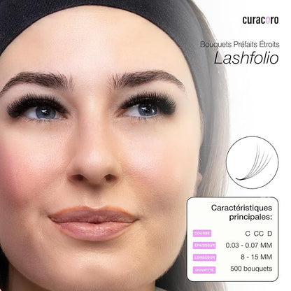 Curacoro LashFolio Narrow Promade Fans, Handmade Volume Eyelashes, 5D~10D, C CC D Curl, Thickness 0.03~0.07mm, 8-15mm Length, Professional Long-Lasting Promade Lash Fans (5D-0.07 CC, 8mm-15mm)