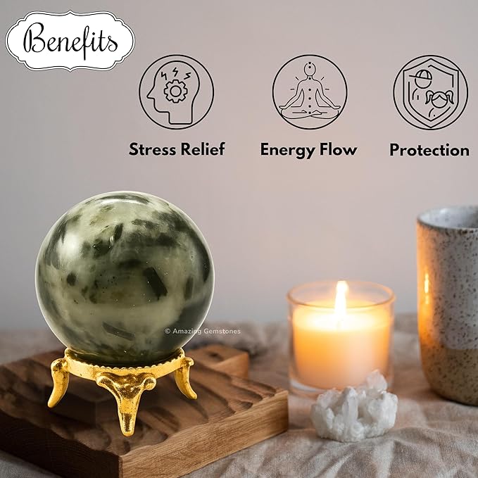 Amazing Gemstone Green Tourmaline in Quartz Crystal Ball with Stand - 2 Inches Crystal Sphere Meditation Balls for Witchcraft and Decorative Balls