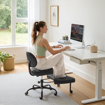 Furmax Ergonomic Criss Cross Legged Office Chair with Wheels, 360°Swivel Adjustable Height Kneeling Desk Chair with Footrest for ADHD, Yoga, Meditation, Home Office (Leather, Black)
