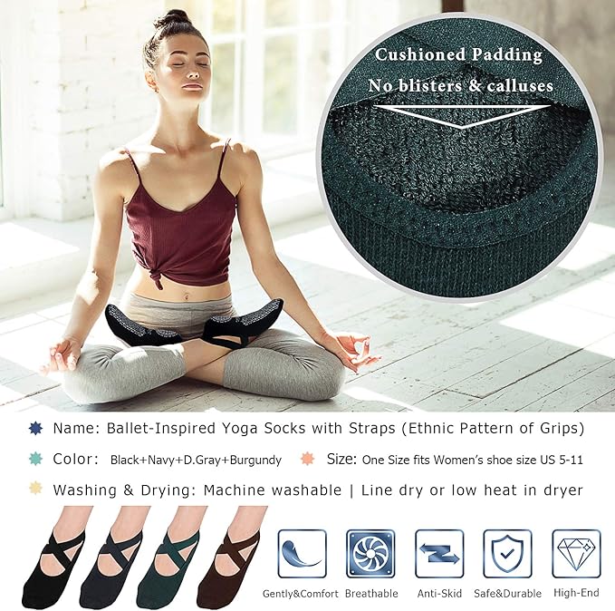 Ozaiic Yoga Socks for Women Non-Slip Grips & Straps, Ideal for Pilates, Pure Barre, Ballet, Dance, Barefoot Workout