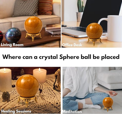 Amazing Gemstone Yellow Jasper Crystal Ball with Stand - 2 Inches Crystal Sphere Meditation Balls for Witchcraft and Decorative Balls
