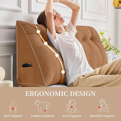 Sasttie Headboard Pillow Twin/Twin XL, Wedge Pillow Headboard for Dorm, Triangular Daybed Backrest Cushion for Sitting or Reading in Bed, with Removable Washable Cover, Caramel