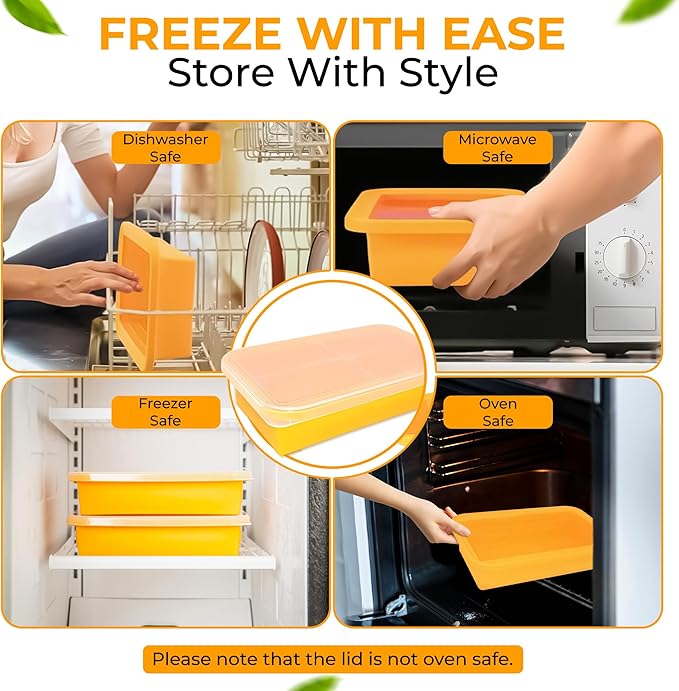 (2 Pack) Large Silicone Freezer Containers For Soup, Pasta Sauce, Leftovers, Broth & More - 6 Cup Reusable BPA Free Non Plastic Food Storage Freezing Ice Trays With Lids & Measurement Lines