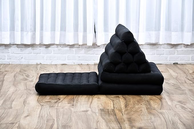 Leewadee 3-Fold Mat with Triangle Cushion – Comfortable TV Pillow, Foldable Mattress with Cushion Made of Eco-Friendly Kapok, 67 x 21 inches, Black