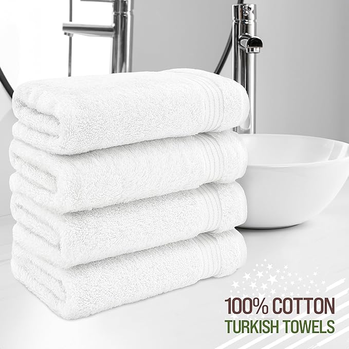 American Veteran Towel, Hand Towels for Bathroom Set of 4, 100% Cotton Turkish Hand Towel Sets, Soft Hand Face Towels, White Hand Towels
