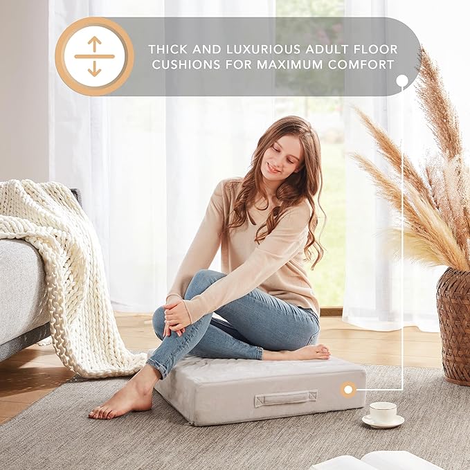 Codi Floor Cushions for Adults, Large Meditation Pillows with Thick Foam and Soft Tufted Covers, Washable Square Seating for Couch and Yoga Sitting, 22×22×5 Inch Ivory