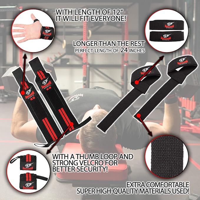 Premium Wrist Weightlifting Straps Pair + Wrist Wraps Pair + Carry Bag, Perfect Weight Lifting Bundle, Heavy Duty Made for Deadlifts, Gym, Powerlifting, Strong Grip Support - For Men and Women