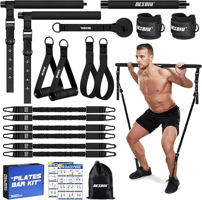 Pilates Bar Kit with Resistance Bands for Working Out, 210lbs Heavy Resistance Bands with Handles, Pilates Equipment with Resistance Band Bar for Men Women, at Home Gym Full Body Workout Equipment