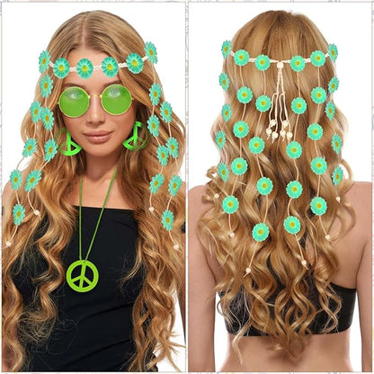 6 Pcs Hippie Costume Accessories Set, Flower Hippie Headband Boho Peace Sign Necklace Earrings Sunglasses Bracelet