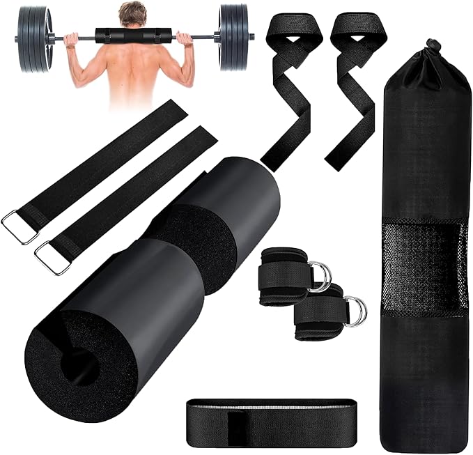 Barbell Pad Set for Hip Thrust & Squats – 9-Piece Workout Kit for Women | Includes 2 Bar Pads, 2 Ankle Straps, 2 Resistance Bands & Gym Accessories – No Pain Hip Thrusts – Glute, Leg & Booty Training