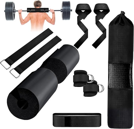Barbell Pad Set for Hip Thrust & Squats – 9-Piece Workout Kit for Women | Includes 2 Bar Pads, 2 Ankle Straps, 2 Resistance Bands & Gym Accessories – No Pain Hip Thrusts – Glute, Leg & Booty Training