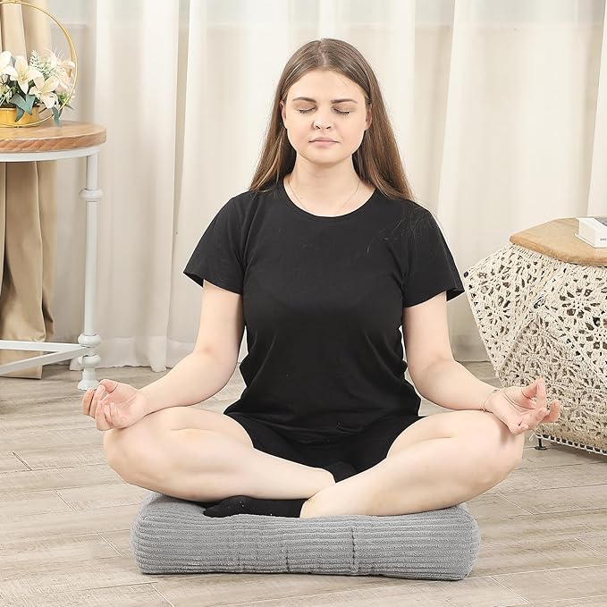22 inches Meditation Pillow, Square Large Floor Cushions for Adults, Thick Corduroy Floor Pillows for Sitting, Yoga, Living Room, Sofa, Tatami, LightGrey