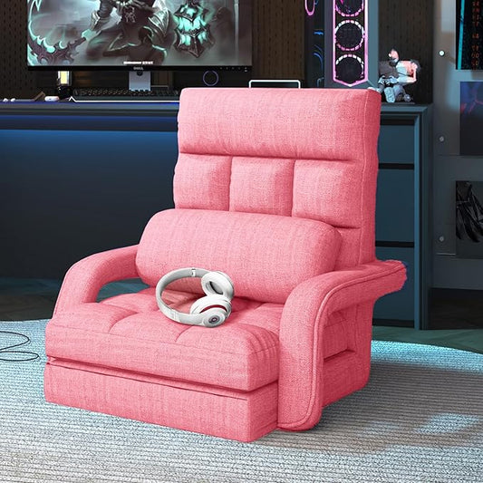 Adjustable Floor Gaming Chair for Adults, 6-Position Chaise Lounge Chair with Meditation Arm, Foldable Lazy Sofa with Pillow, Comfy Chair Indoor for Bedroom Dorm Living Room, Pink