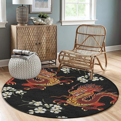 Soft Round Yoga Carpet, Large Home Decor Mat, Non-Slip Machine Washable Kitchen Office Circle Rug Compatible with Floral Chinese Japanese Dragon Flower