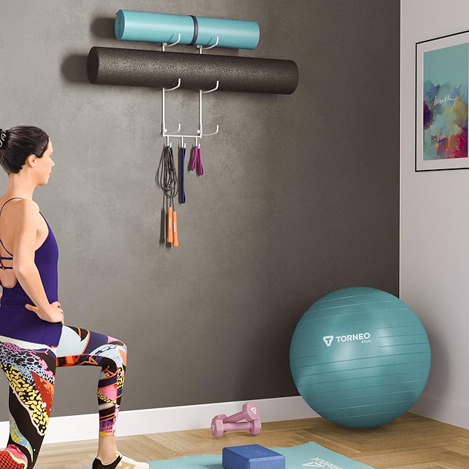 Wallniture Guru Yoga Mat Holder Wall Mount with 3 Hooks for Hanging Yoga Strap, Resistance Bands, 5-Sectional Metal
