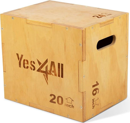 Yes4All Plyo Box, 3-in-1 Wooden Box Jumps for Home Gym (12/14/16 in), 450 lbs Boxes Step Up with Smooth Edges & Wide Built-in Handles for Jumping, Strength Training, Lunges, Squats, Dips