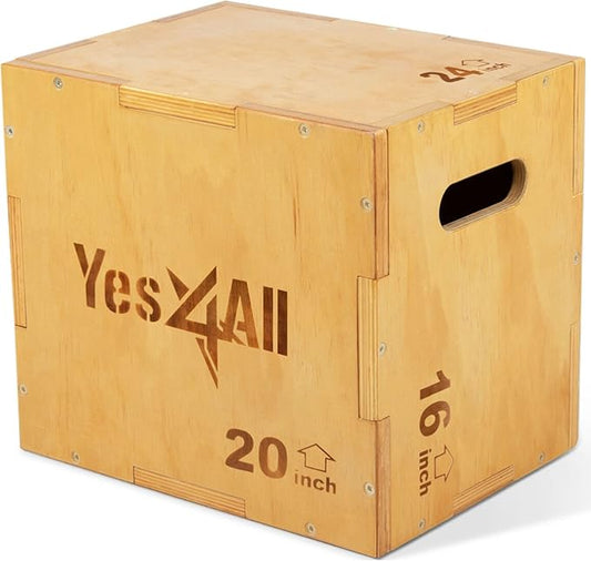 Yes4All Plyo Box, 3-in-1 Wooden Box Jumps for Home Gym (12/14/16 in), 450 lbs Boxes Step Up with Smooth Edges & Wide Built-in Handles for Jumping, Strength Training, Lunges, Squats, Dips