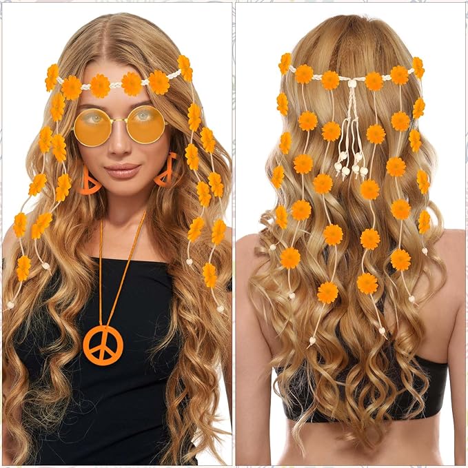 6 Pcs Hippie Costume Accessories Set, Flower Hippie Headband Boho Peace Sign Necklace Earrings Sunglasses Bracelet