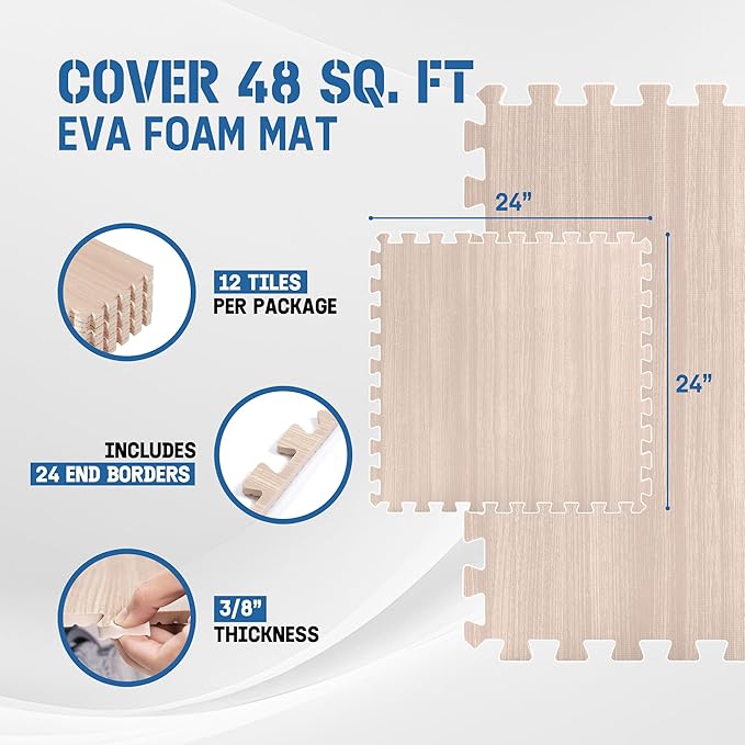 Yes4All 48SQ.FT Wood Grain Puzzle Exercise Mat Protective Flooring, EVA Interlocking Foam Floor Tiles with Border for Home