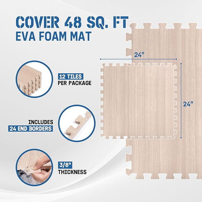 Yes4All 48SQ.FT Wood Grain Puzzle Exercise Mat Protective Flooring, EVA Interlocking Foam Floor Tiles with Border for Home
