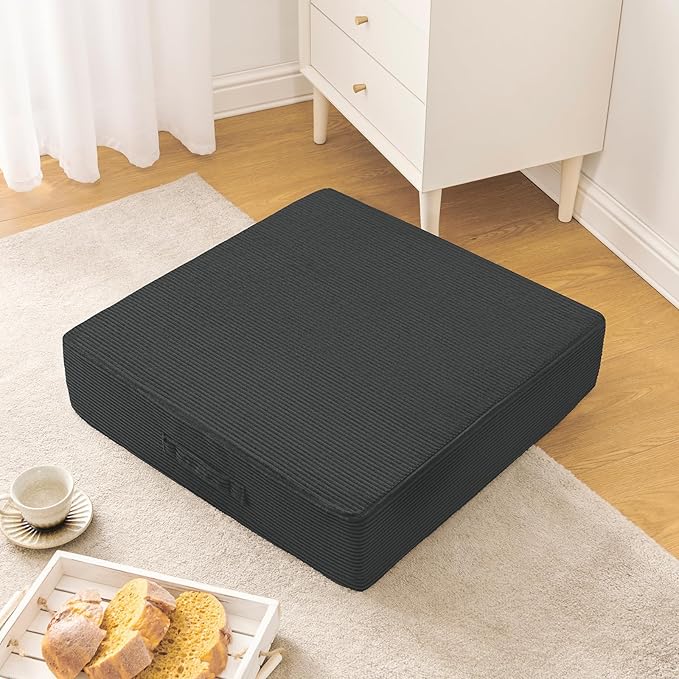 Solid Square Floor Pillows for Adults Kids - Large Meditation Floor Pillow Seating Cushion with Thick Foam & Washable Velvet Cover, 2 Pack, 22x22x5 Inch, Gray