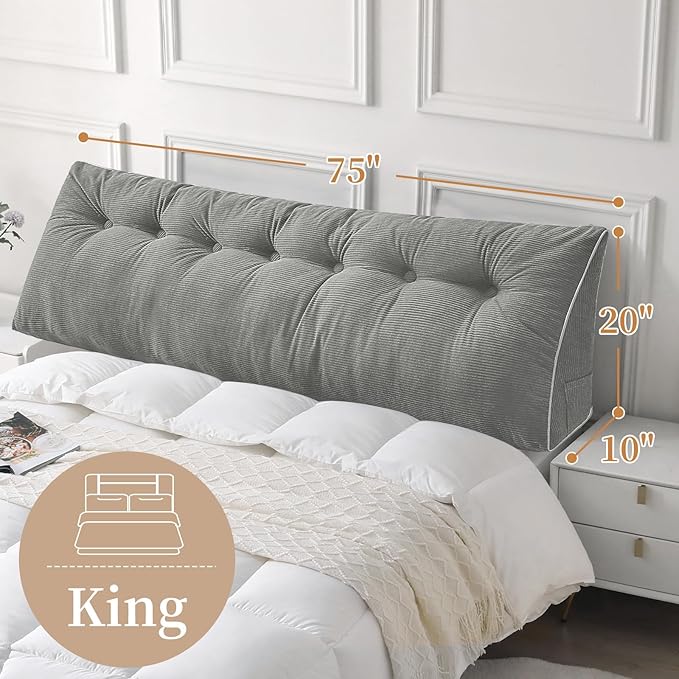 Sasttie Headboard Pillow King, Wedge Pillow Headboard for Sitting Up in Bed, Back-Rest Support Triangular Cushion for Reading - Features Removable Washable Cover, Light Grey
