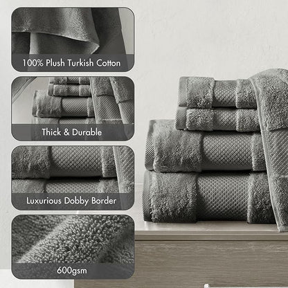 Madison Park Turkish 100% Cotton 600Gsm Luxury Premium Thick Soft Absorbent Hotel Bathroom Towel Set Shower Hand Face Washcloths, Assorted Sizes, Charcoal 6 Piece