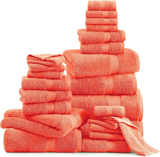 LANE LINEN 100% Luxury Cotton Towel Set for Bathroom - 24 Pc- Absorbent, Skin Friendly, Quick Drying - 2 Bath Sheets, 4 Bath, 6 Hand Towel, 8 Washcloth, 4 Fingertip - Durable & Fluffy - Living Coral
