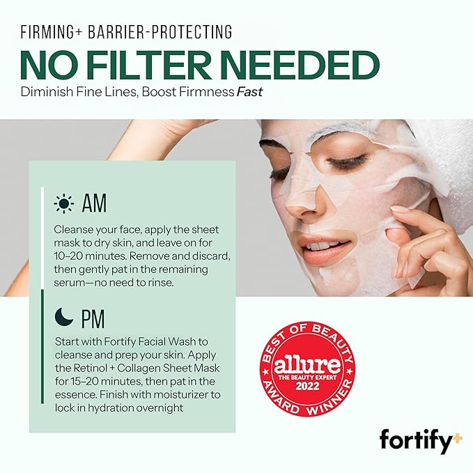 Fortify Skincare Face Mask with Retinol and Collagen - Dermatologist Tested, Anti Aging - Firming & Barrier Protecting - 3-in-1: Detox - Treat- Boost - Clean Beauty, Korean Skin Care, 5 Sheet Masks