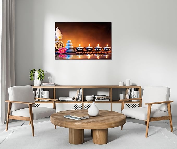 Zen Wall Art Lotus Flower Decor Breathe Canvas Picture Candles Relaxing Peaceful Poster Prints for Zen Spa Room Living Room Bedroom(28.00" x 44.00")