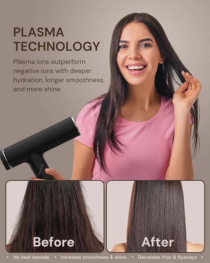 Plasma Ion Hair Dryer with Diffuser for Curly Hair, 110000 RPM Professional High Speed Blow Dryer with Plasma Ion, 1500W Foldable Travel Hairdryer with 6.5 Ft Cord Fast Drying for Women Men