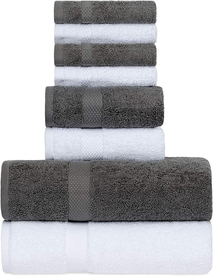 Luxury Bath Towel Set of 8 Pieces - 100% Turkish Cotton Highly Absorbent Towels for Bathroom, 2 Luxury Bath Towels 700GSM, 2 Hand Towels, 4 Washcloths, Gray White
