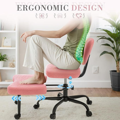 Furmax Ergonomic Criss Cross Legged Office Chair with Wheels, 360°Swivel Adjustable Height Kneeling Desk Chair with Footrest for ADHD, Yoga, Meditation, Home Office (Teddy Fabric, Pink)