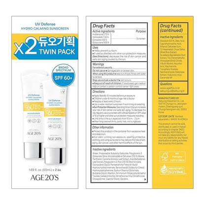 AGE20'S UV Defense Hydro Calming Sunscreen SPF 60+ | Korean Sunscreen | Moisturizing Creamy Formula, No White Cast, Lightweight Finish | Green Tea + Aloe Vera | Dermatest Excellent | 1.69 fl.oz*2