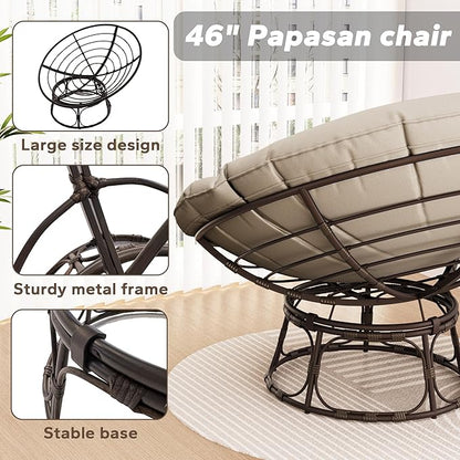 46'' Large Size Papasan Chair with Cushion and Frame, Lazy Circle Round Chair for Bedroom and Living Room, Beige
