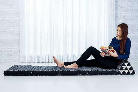 Leewadee Comfortable Japanese Floor Mattress - Thai Floor Bed with Triangle Cushion - Futon Mattress - XL Extra Long Thai Massage Mat, 89 x 20 inches, Black, Kapok Filling