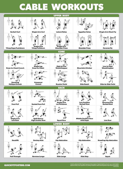 4 Pack - Cable Machine Workout Posters Volume 1 & 2 + Dumbbell Exercises + Barbell Exercises (LAMINATED, 18" x 24")