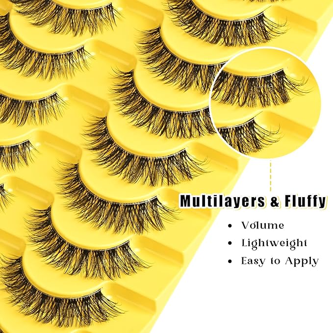 Lashes Wispy False Eyelashes Natural Fake Lashes with Clear Band 10 Pairs Cat Eye Lashes Pack Reusable Lashes Natural Look Short Wispies Mink Eyelash Strips Cateye Lashes for Women