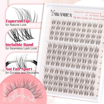 Yawamica Natural Lash Clusters Clear Band Eyelash Clusters 10-14mm Lash Extension Wispy Individual Lashes C Curly Cluster Lashes DIY Cluster Eyelash Extensions Natural Look by Self (Venus)