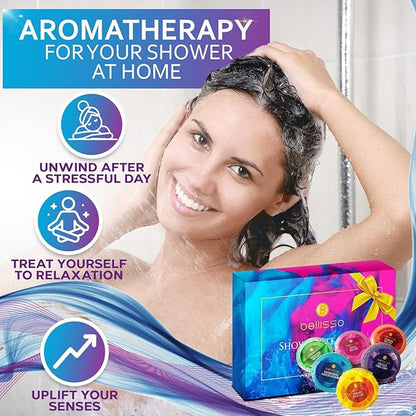 Aromatherapy Shower Steamers Gift Set, Six Fizzies - Uplifting, Relaxing, Stress Relief Scents for Women and Men - Self Care Home Spa Experience - Christmas Day Stocking Stuffers and Relaxation Gifts