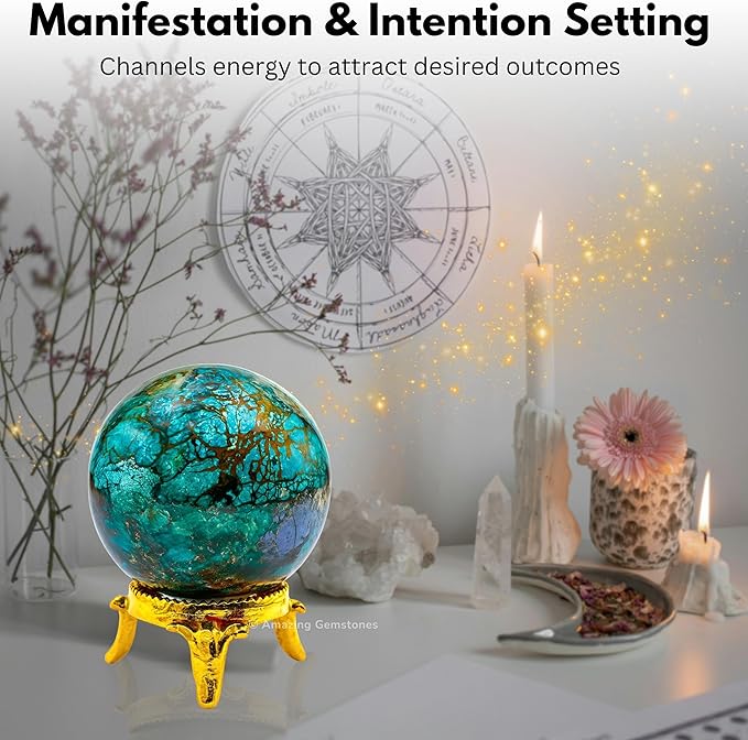 Amazing Gemstone Chrysocolla Shattuckite Crystal Ball with Stand - 2 Inches Crystal Sphere Meditation Balls for Witchcraft and Decorative Balls