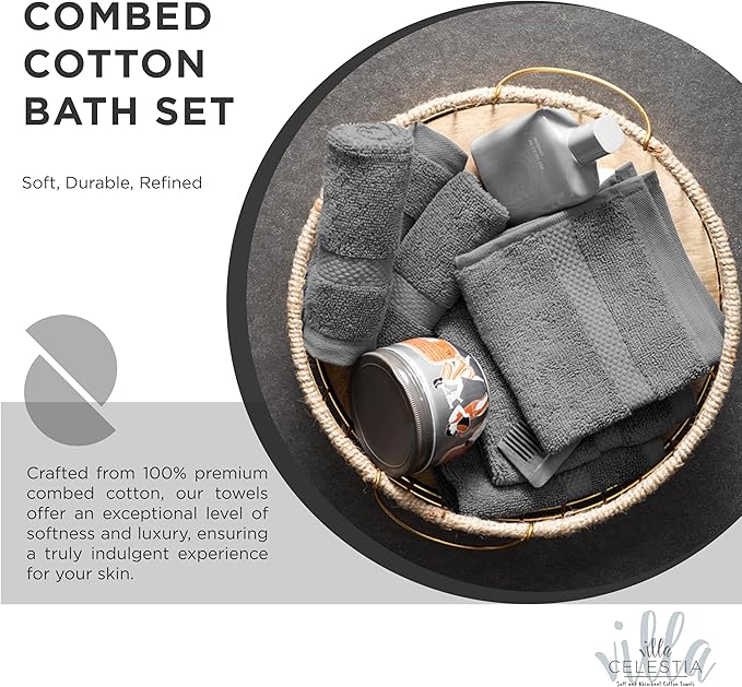 100% Combed Cotton Bathroom Towel Set of 8- 2 Bath Towels, 2 Hand Towels, 4 Wash Cloths, Sustainable, Soft, Highly Absorbent 8 Piece Cotton Bath Towel Set Ideal for Hotels, Spa, Bathroom, Dorm, Grey