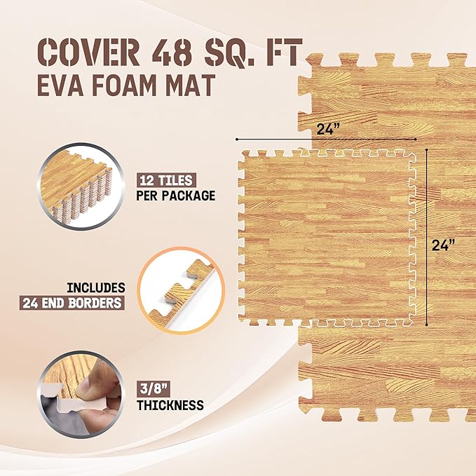 Yes4All 48SQ.FT Wood Grain Puzzle Exercise Mat Protective Flooring, EVA Interlocking Foam Floor Tiles with Border for Home