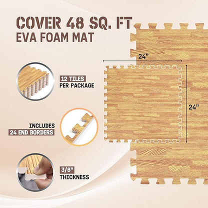 Yes4All 48SQ.FT Wood Grain Puzzle Exercise Mat Protective Flooring, EVA Interlocking Foam Floor Tiles with Border for Home