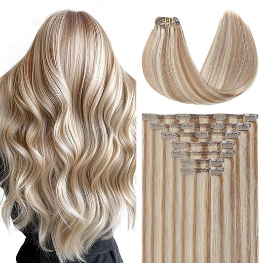 Youngsmile Piano Clip in Hair Extensions Human Hair Color 8 Ash Brown mixed 60 Blond Human Hair Clip in Extensions, 14Inch 140 Gram 7 Pcs/Set Silk Straight (7C#8P60-14Inch)